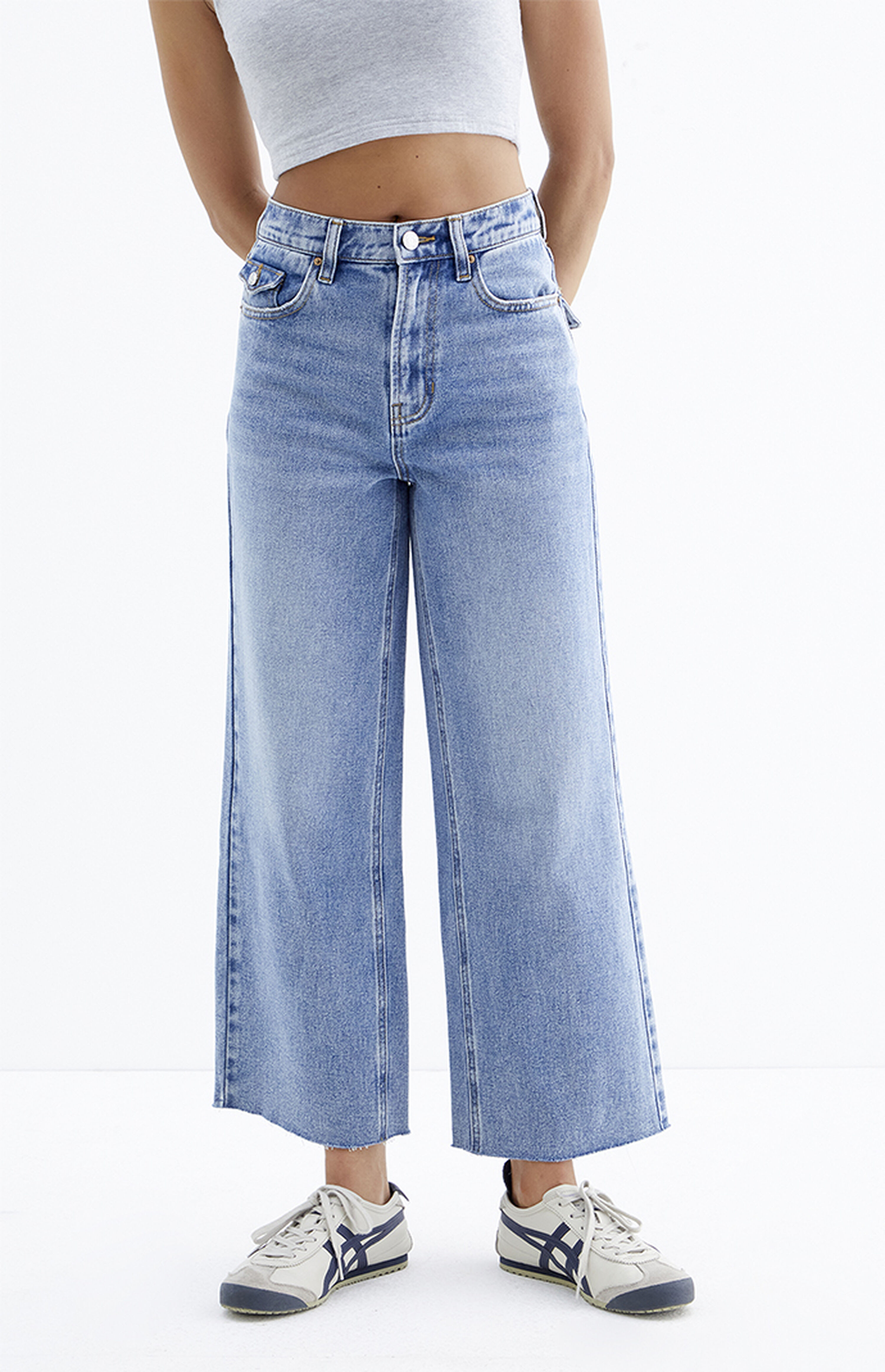 PacSun Nora Medium Indigo Cropped Wide Leg Jeans | PacSun