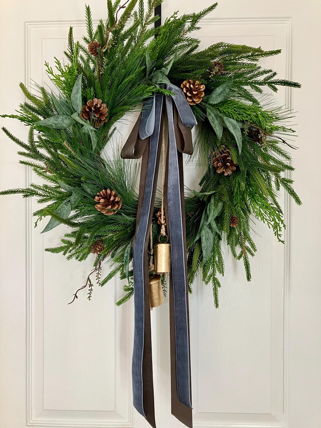 Mixed Pine Christmas Wreath: Chocolate, Blue Ribbons & Gold Bells - Etsy | Etsy (US)