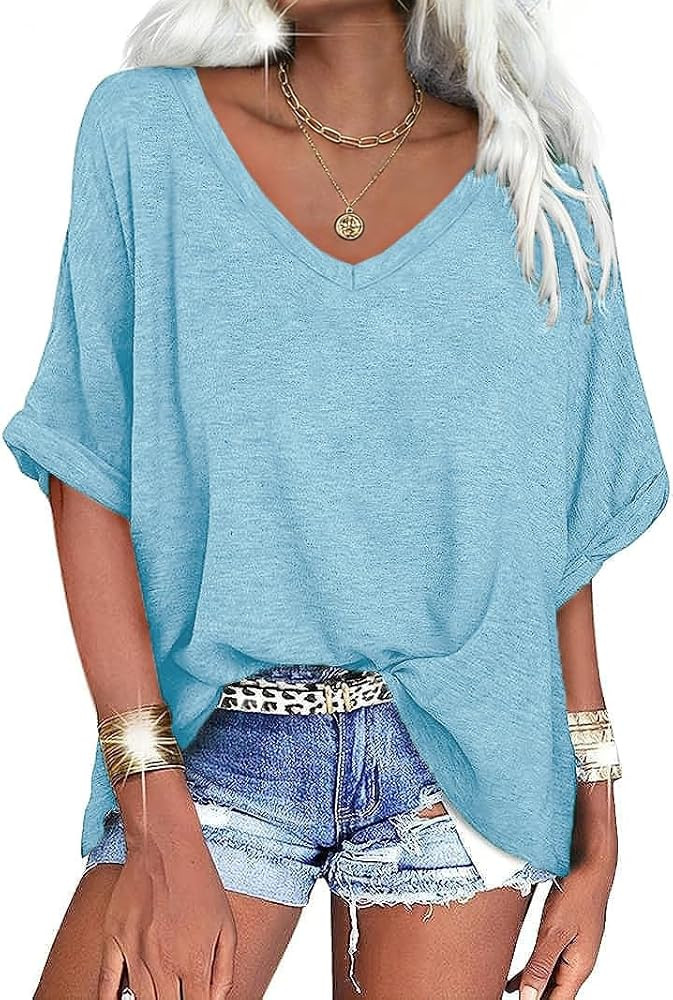 UNCLECAT Women's V Neck Oversized T-Shirts Summer Short Sleeve Shirts Loose Casual Tops Tee | Amazon (US)
