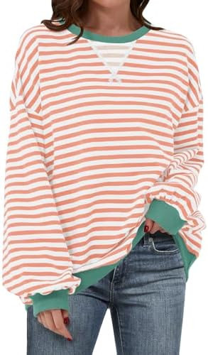 ANRABESS Women’s Striped Oversized Sweatshirts Crew Neck Long Sleeve Shirts Soft Color Block Pu... | Amazon (US)