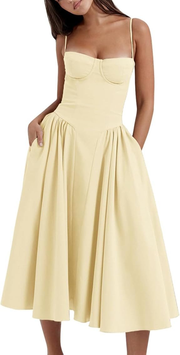 Women’s Corset Dress Sexy Spaghetti Strap Bustier Midi Dress Low Cut Flowy Pleated Hem Formal D... | Amazon (US)