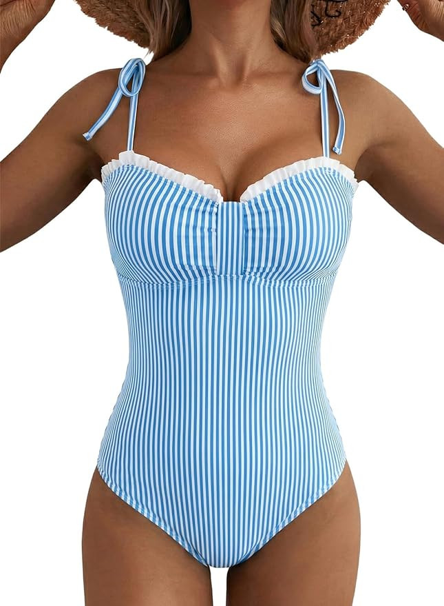 Herseas Women’s Striped One Piece Swimsuits Tie Shoulder High Cut Tummy Control Bathing Suit 20... | Amazon (US)