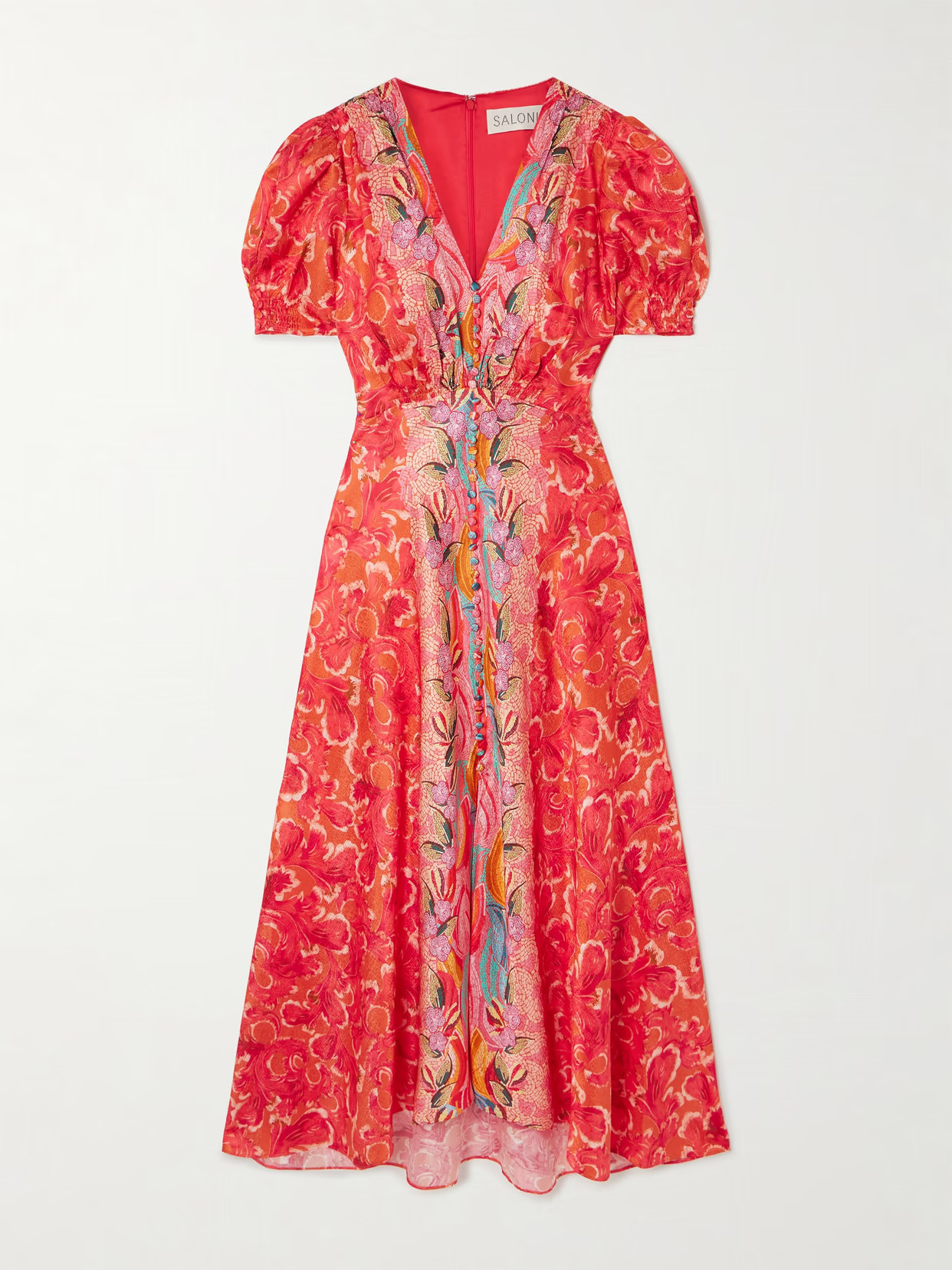 Saloni - Lea Printed Silk-satin Midi Dress - Orange | NET-A-PORTER (US)