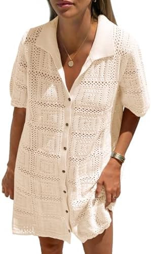 Saodimallsu Womens Crochet Swimsuit Cover Up Dress Short Sleeve Button V Neck Knit Summer Beach V... | Amazon (US)