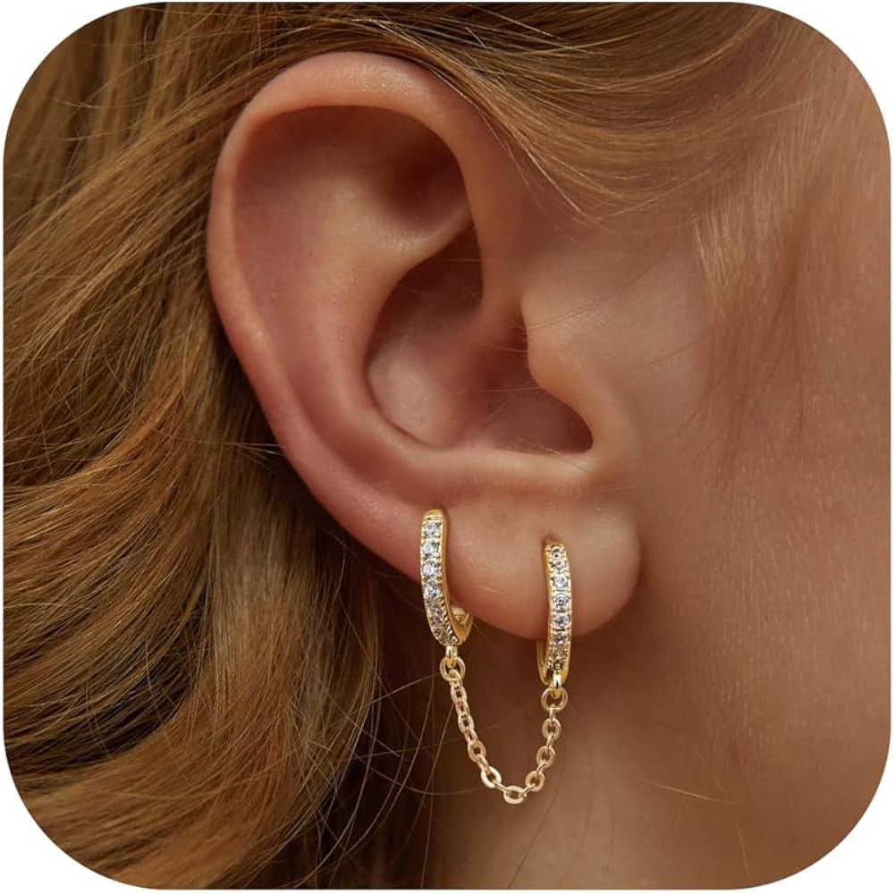 PATISORNA 925 Sterling Silver Chain Earrings for Women Double Piercing Dangle Chain Huggie Hoop E... | Amazon (CA)