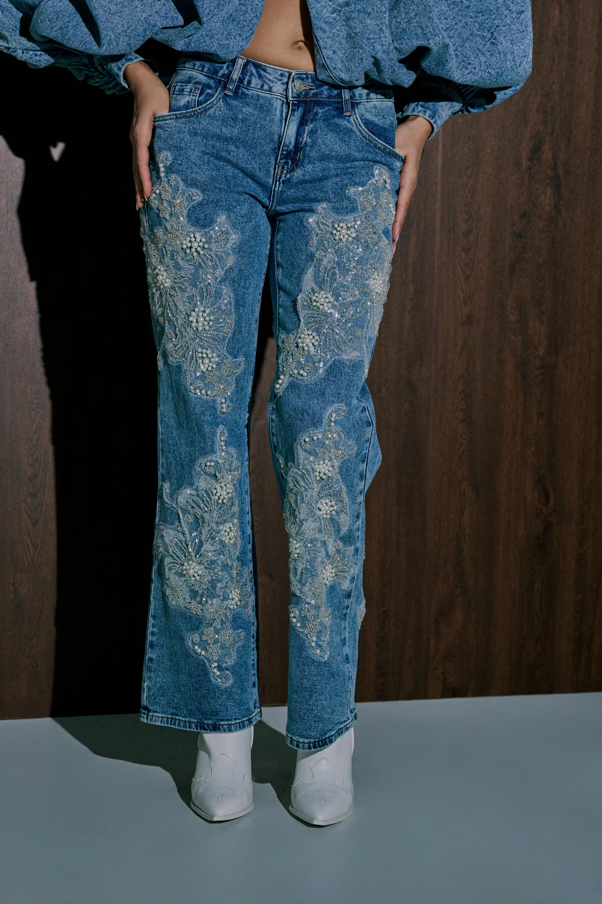 BILLIONAIRE BELLE RHINESTONE AND PEARL JEANS | AKIRA