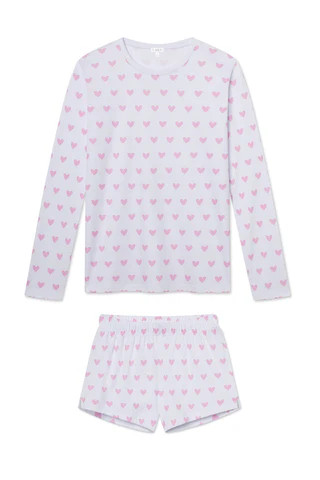 Pima Crew Long-Short Set in Darling Pink Heart | Lake Pajamas