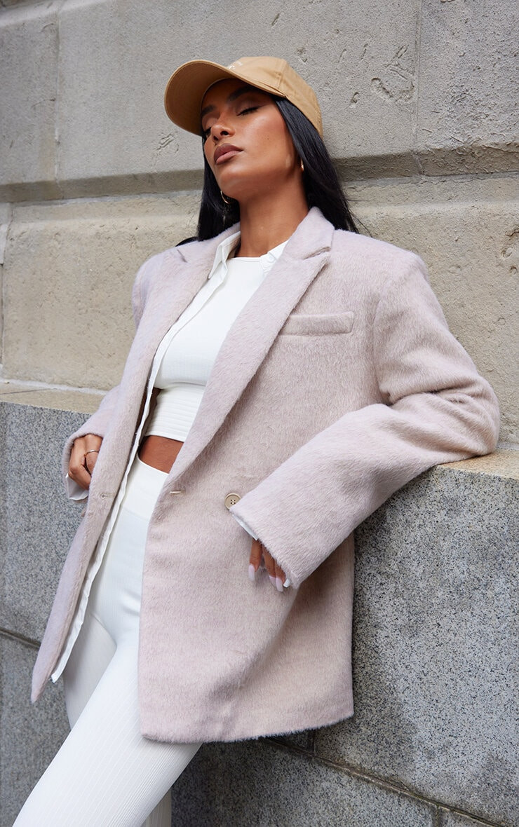 Beige Textured Wool Look Oversized Blazer | PrettyLittleThing US