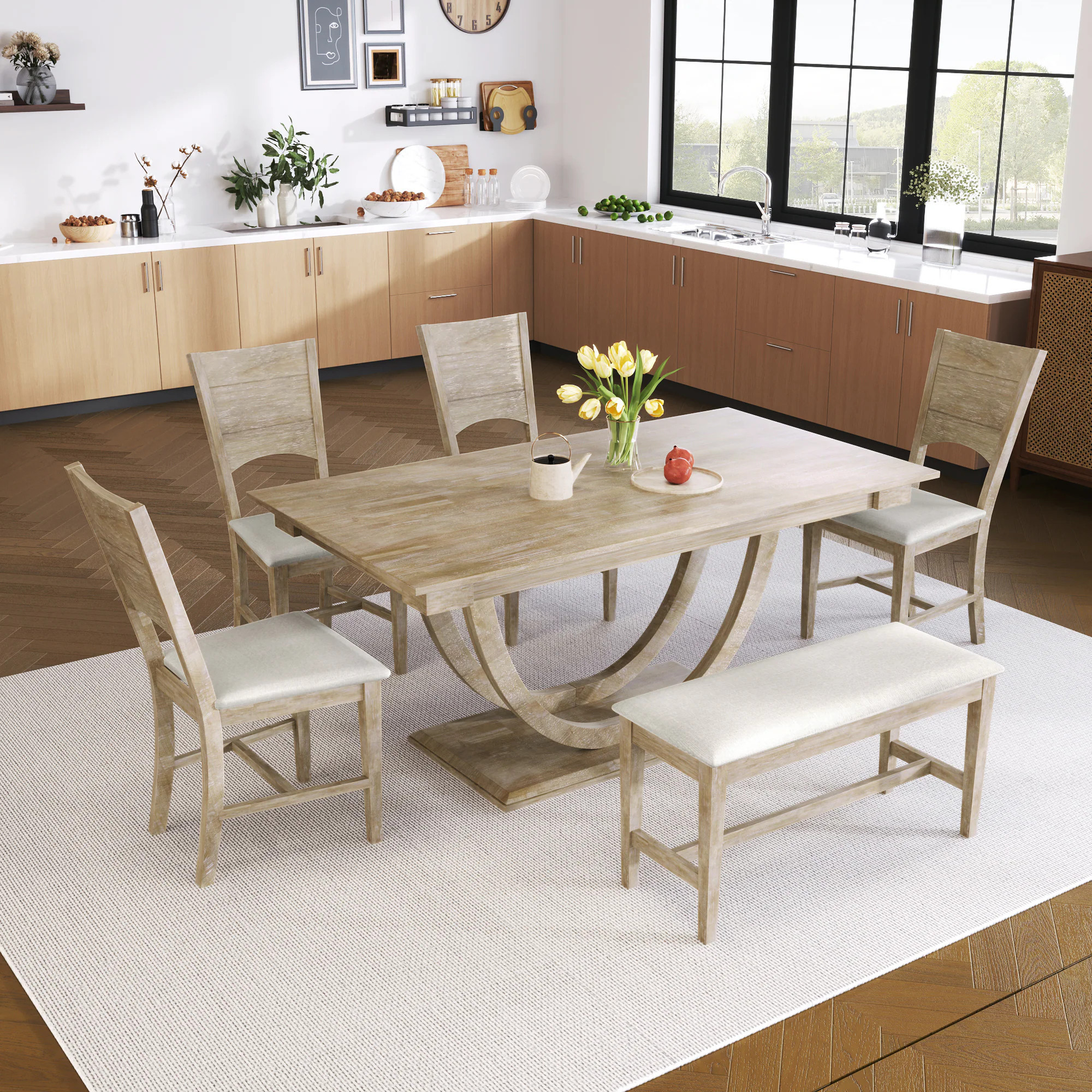 ModernLuxe 6-Piece Wood Half Round Dining Table Set Natural Wood Contemporary/Modern Dining Room Set with Rectangular Table ( Seats 6 ) in Gray | Lowe's