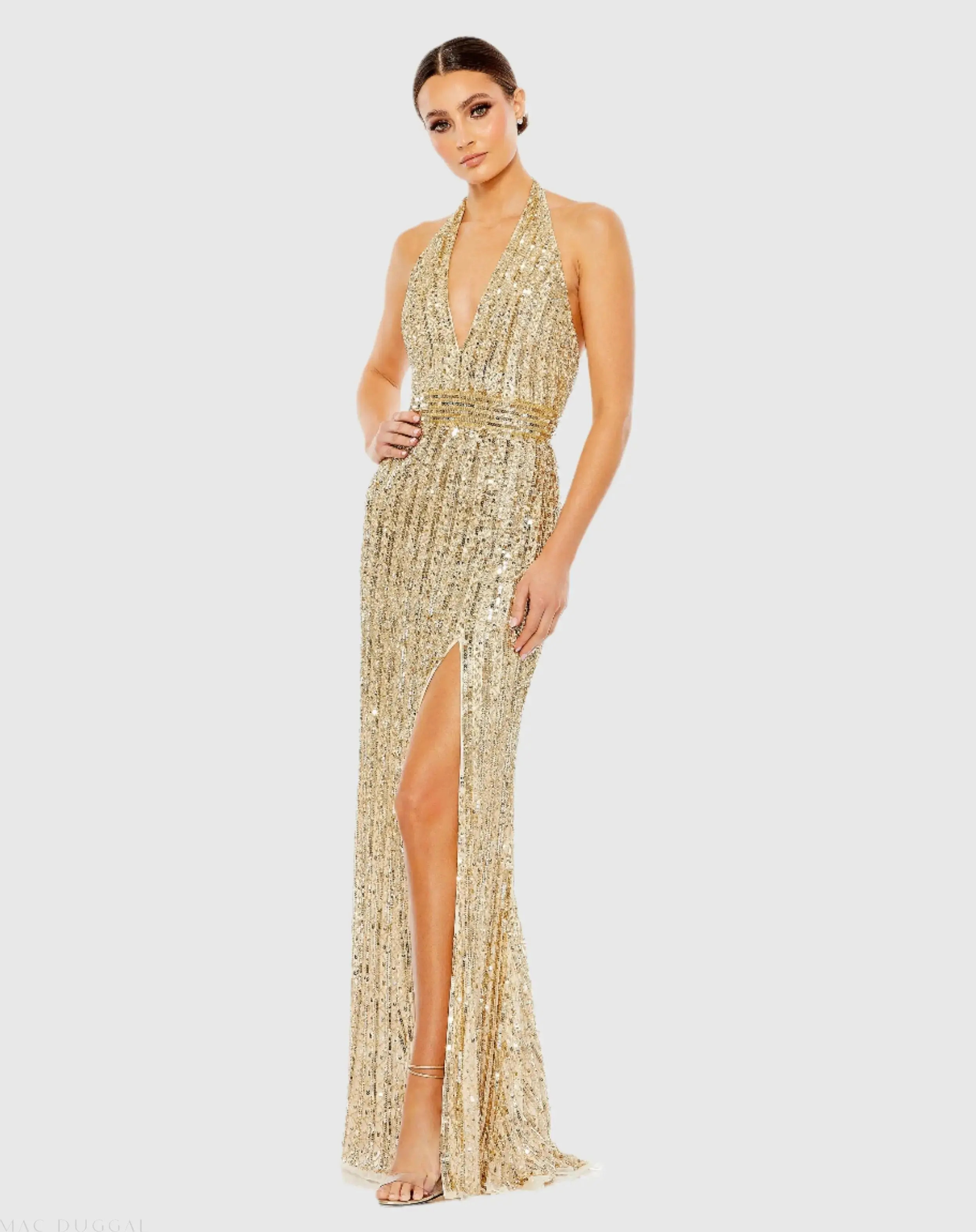 Mac Duggal - Gold Sequined Halter Strap Trumpet Gown - US 14 | Mac Duggal