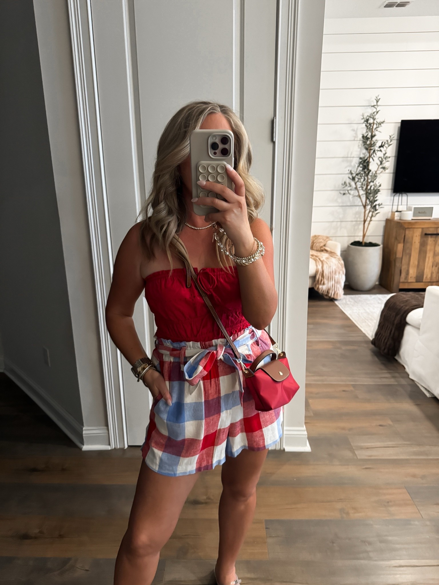 Target fashion target finds spring outfit summer outfit Memorial Day weekend outfit mdw outfit July 4th outfit red plaid shorts size medium, top size small