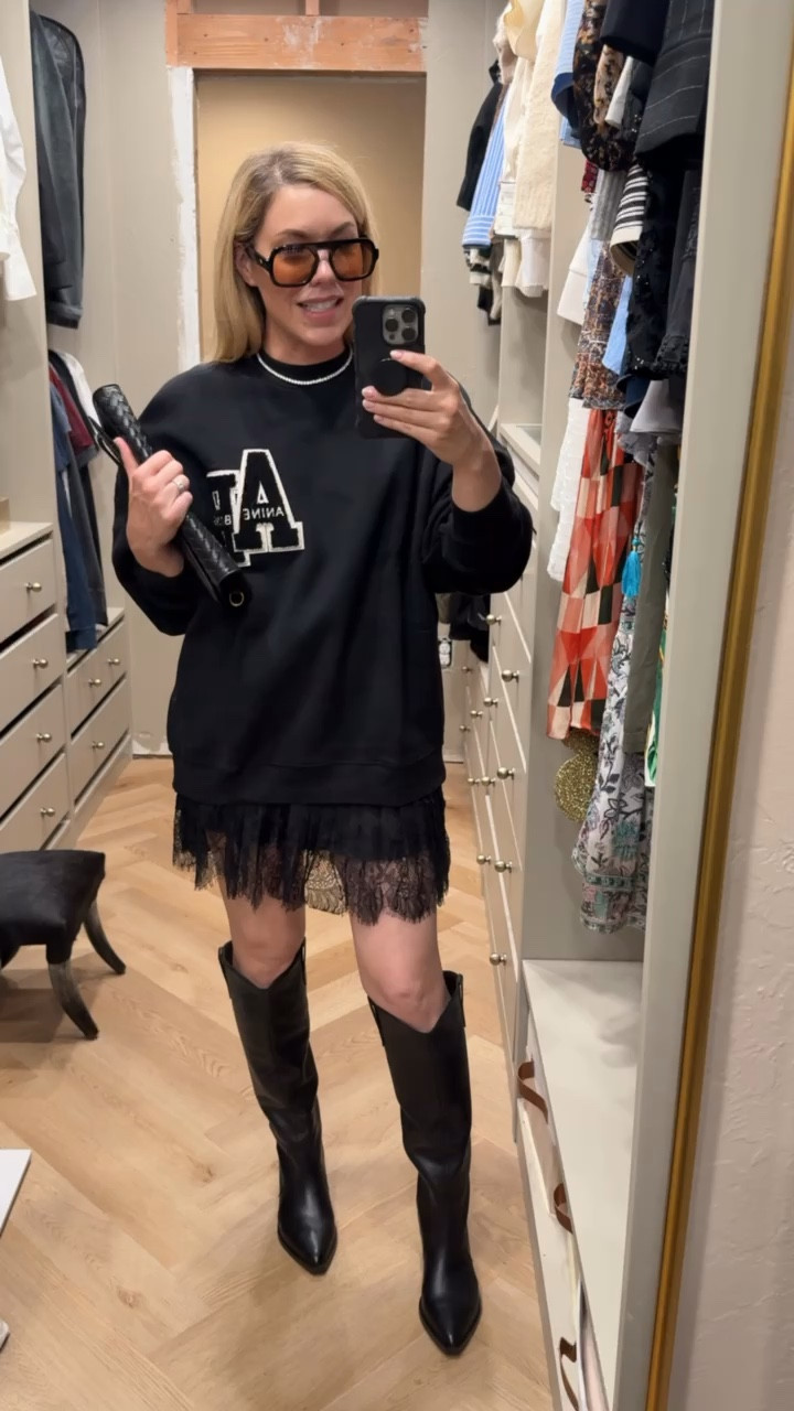 Anine Bing sweatshirt 
Lace skirt
Western boots #LTKFindsUnder50

#LTKSeasonal