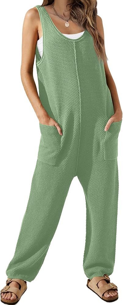 WIHOLL Womens Casual Loose Knit Jumpsuits Sleeveless V Neck Romper with Pocket and Long Pants Ove... | Amazon (US)