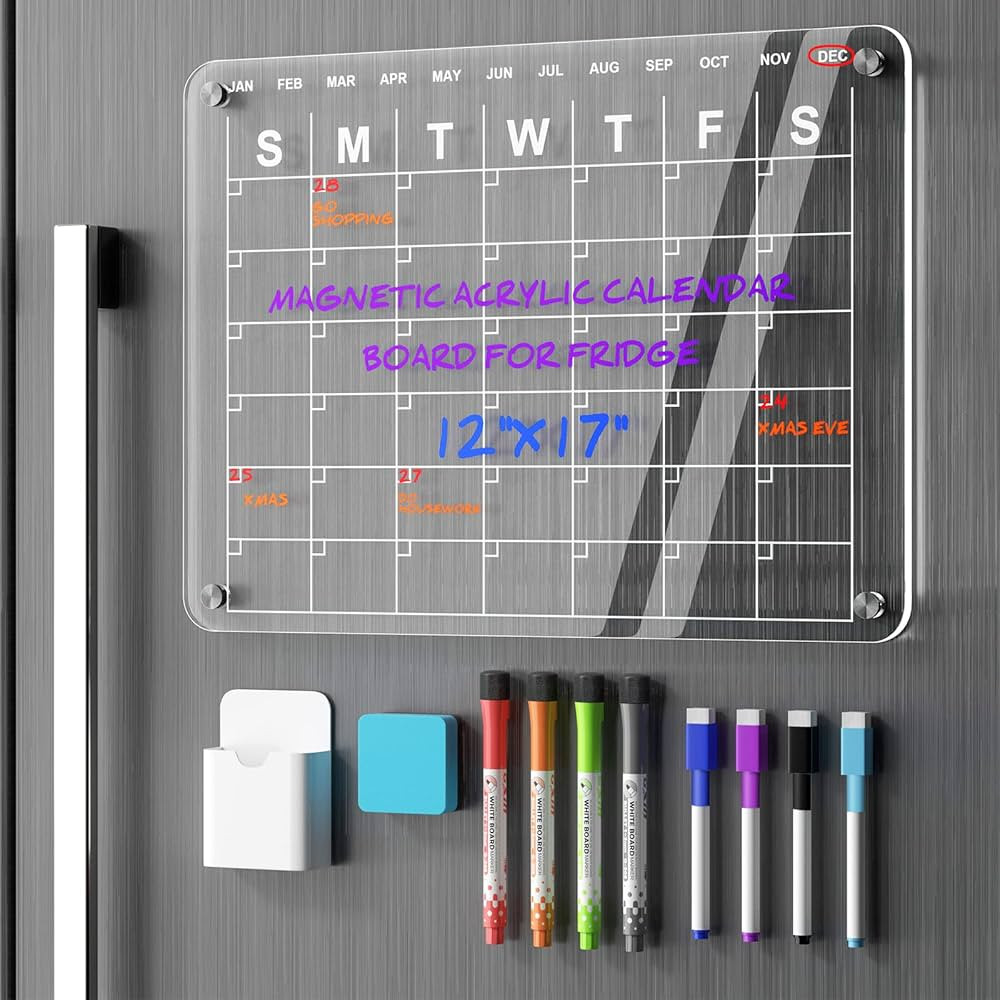Magnetic Dry Erase Calendar Board for Fridge, 17"x12" Acrylic Erasable Calendar Whiteboard with L... | Amazon (US)