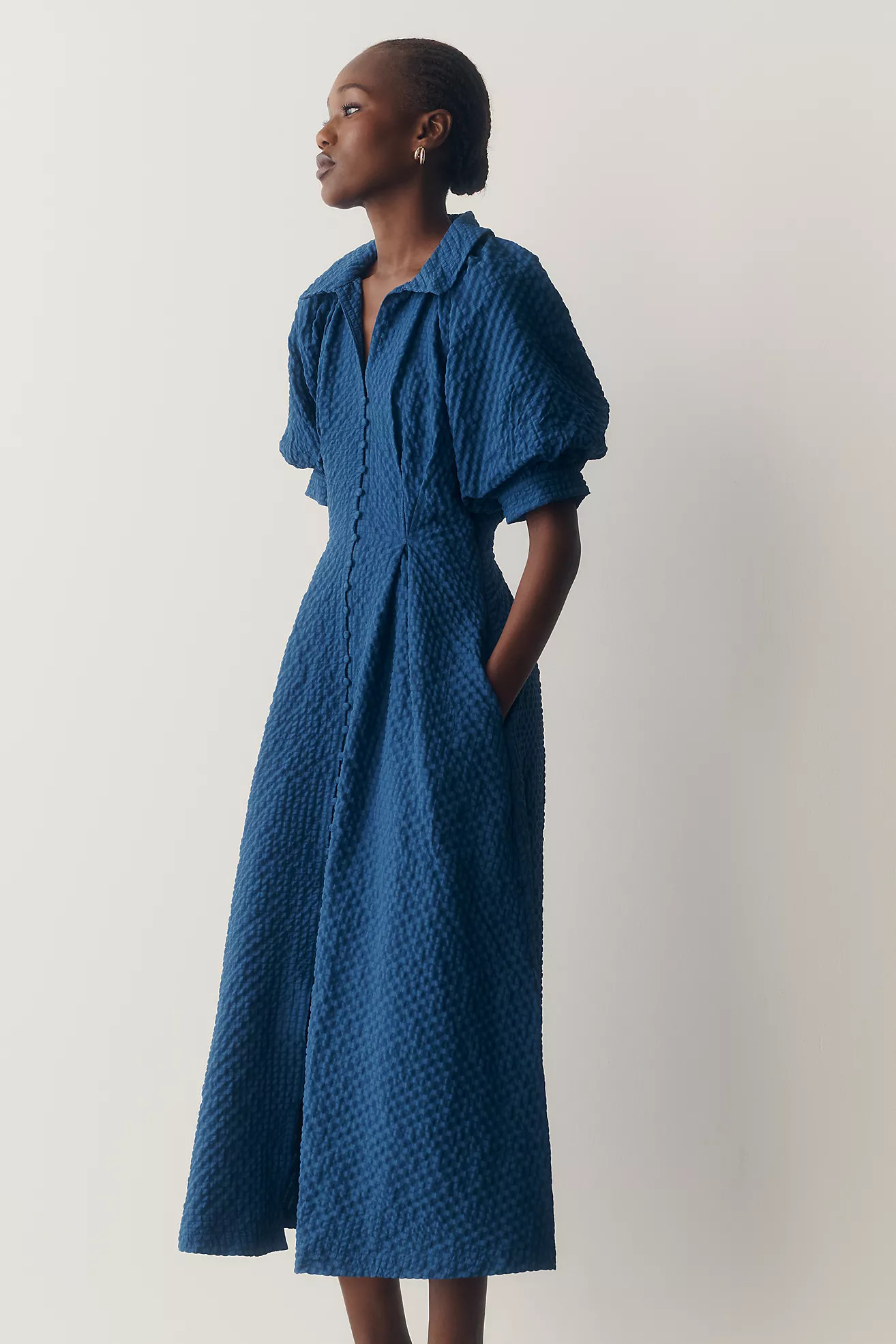 English Factory Puff-Sleeve Textured Midi Shirtdress | Anthropologie (US)