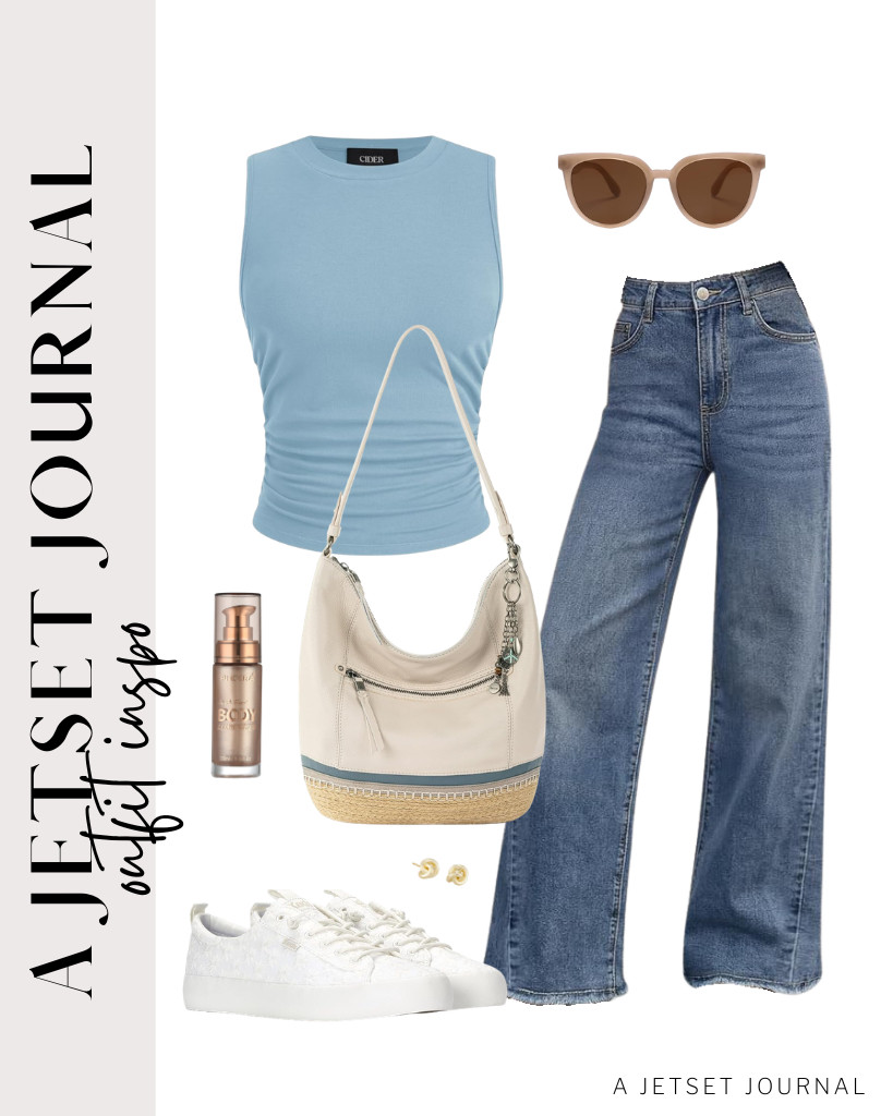 Wear this adorable blue sleeveless top with trendy wide-leg jeans for a super cute outfit! It goes well with Keds canvas shoes. Oh, and don't forget to add The Sak Sequoia bag and this crowd-favorite body shimmer oil for a little extra sparkle!

#LTKSeasonal #LTKSaleAlert #LTKTravel 

 