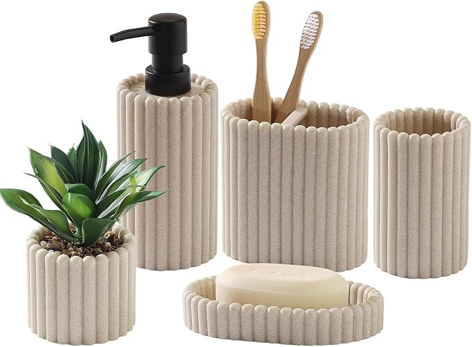 Bathroom Accessories Set, Beige, 5 PCS | Modern, Minimalist, Included 13.5 OZ Soap Dispenser, Too... | Amazon (US)