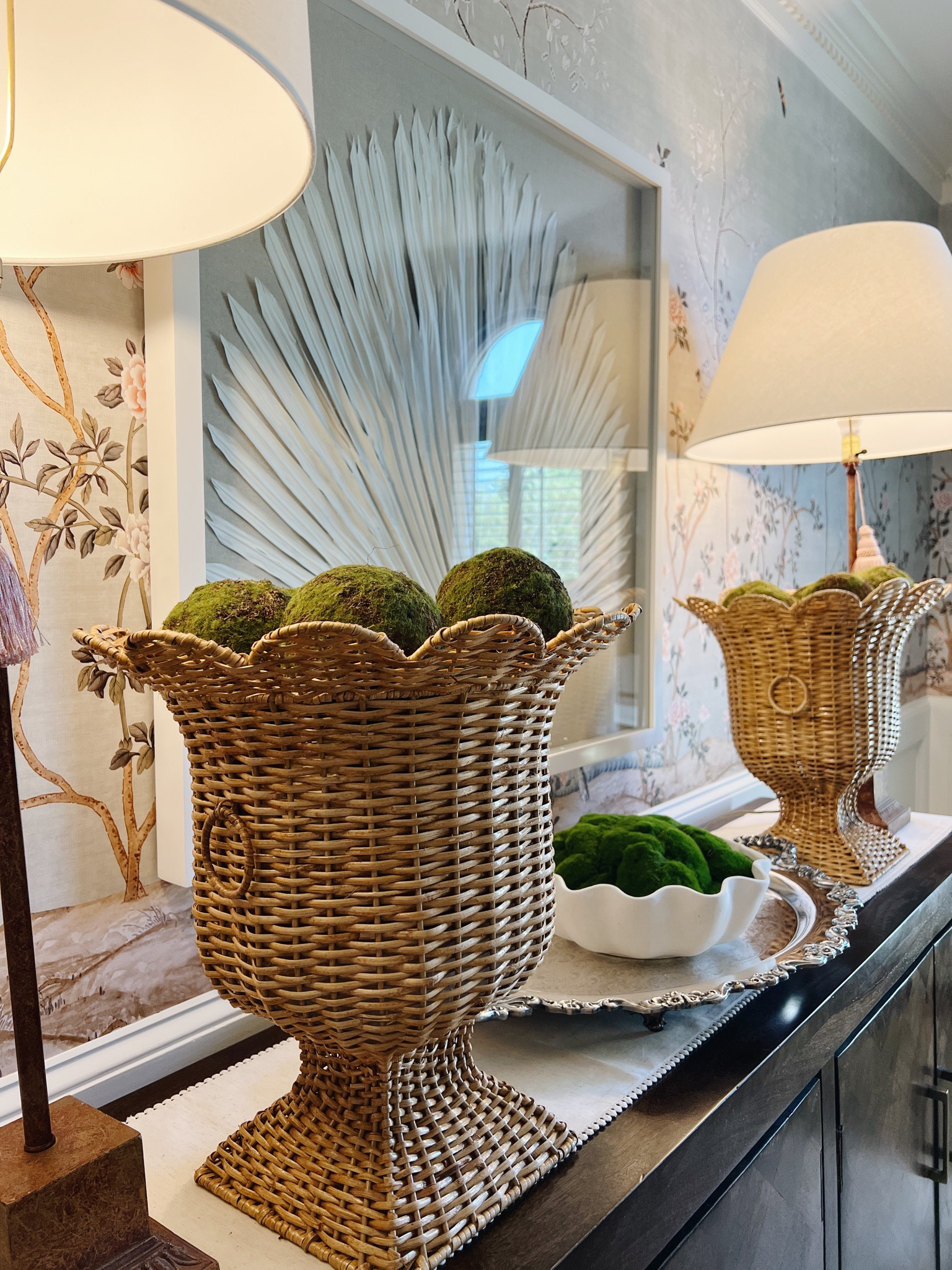 Wicker urn and pedestal, palm leaf shadow box art, dining room console

#LTKhome