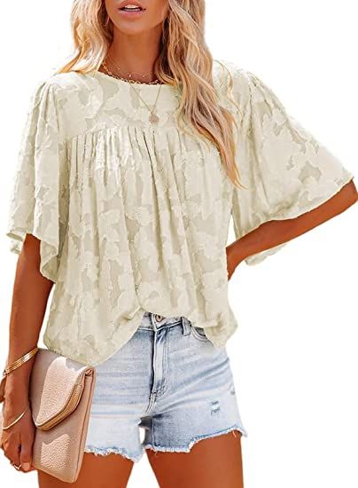 Dokotoo Womens 3/4 Bell Sleeve Blouse Summer Crewneck Lace Tops Floral Textured Babydoll Shirts | Amazon (US)