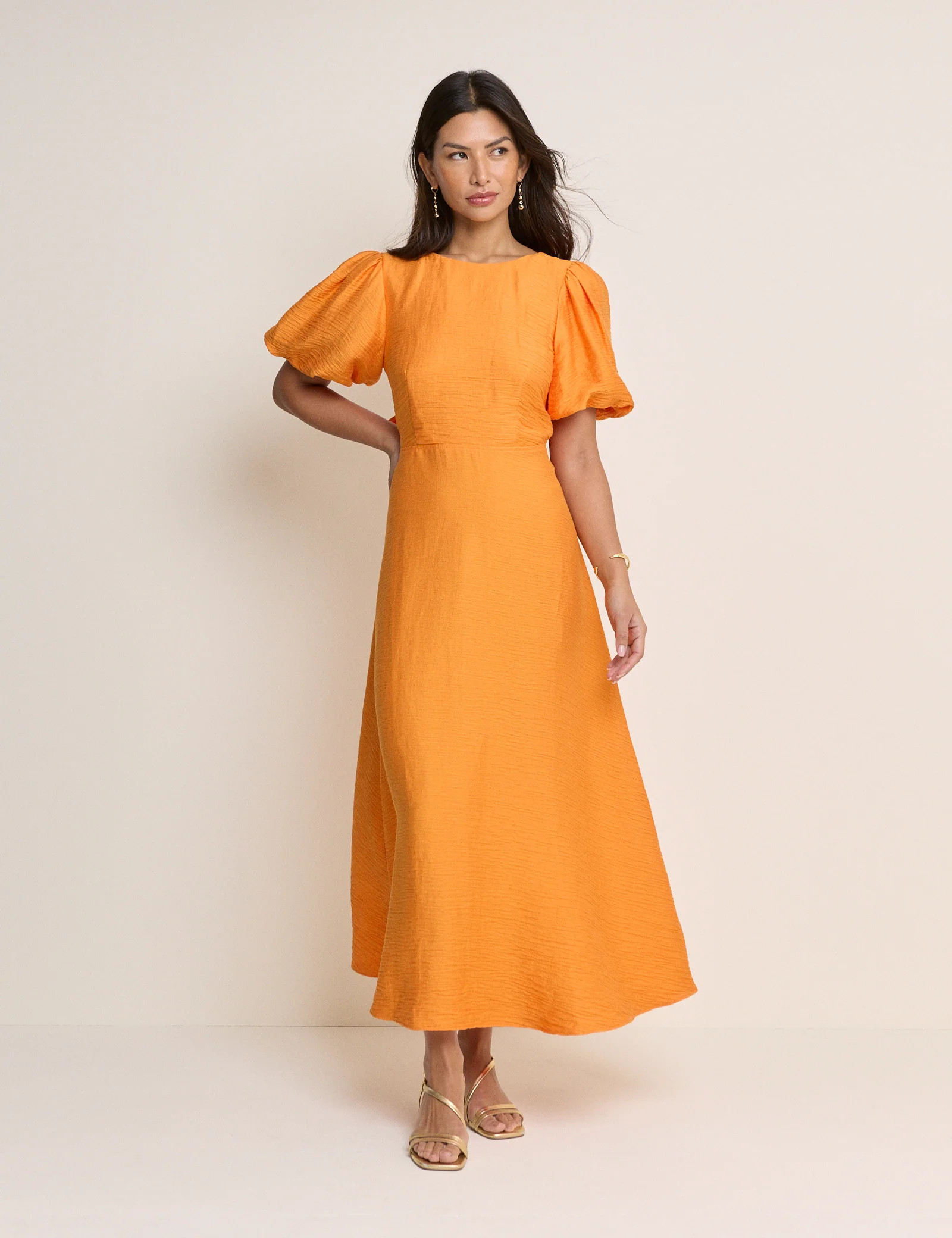 Orange Puff Sleeve Zola Midi Dress | Nobody's Child