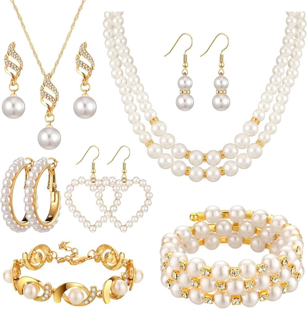 Bonuci 8 Pcs Pearl Rhinestone Jewelry Set for Women Pearl Necklace Bracelet Earrings for Wedding ... | Amazon (US)