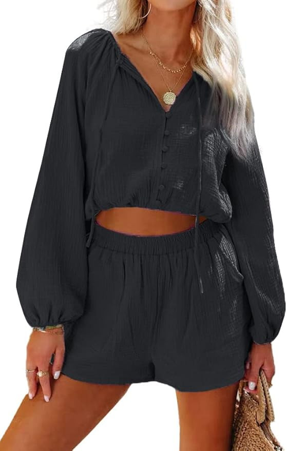 BZB Women's Lounge Sets Button V Neck Long Sleeve Top and High Waist Shorts 2 Piece Pajama Suit C... | Amazon (US)
