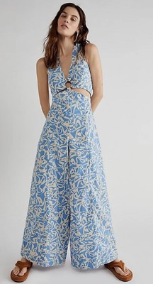 Free People Kira Jumpsuit Size Large Cutout Wide Leg Blue | eBay US