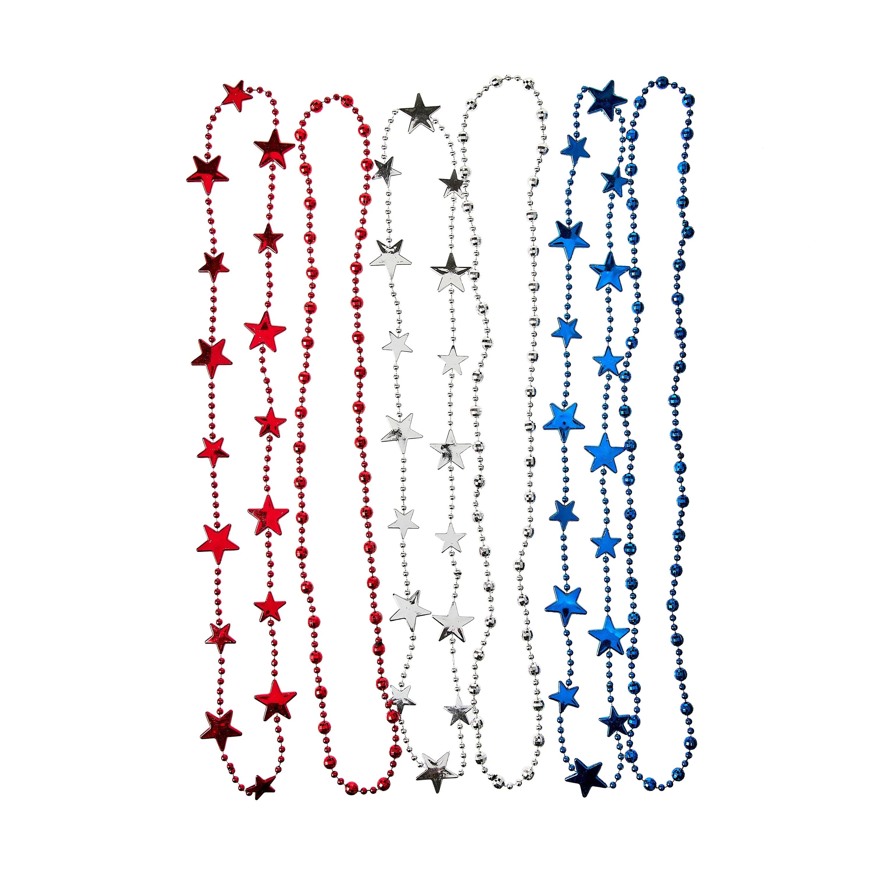 Way to Celebrate Patriotic Red, Silver & Blue Star Plastic Beaded Necklaces, 6 Count | Walmart (US)