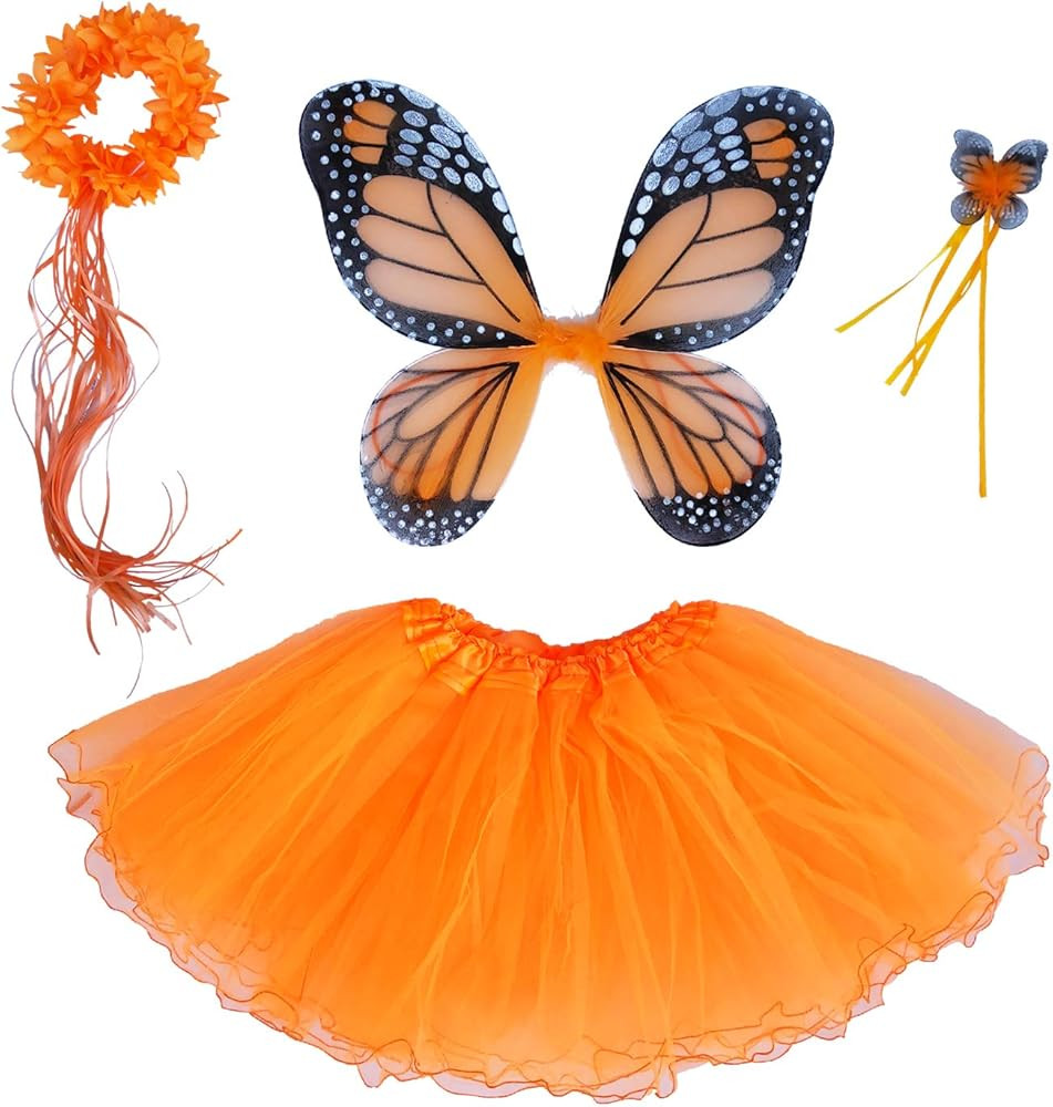 4 PC Girls Fairy Wings Butterfly Costume Set with Wings, Tutu, Wand & Halo | Amazon (US)