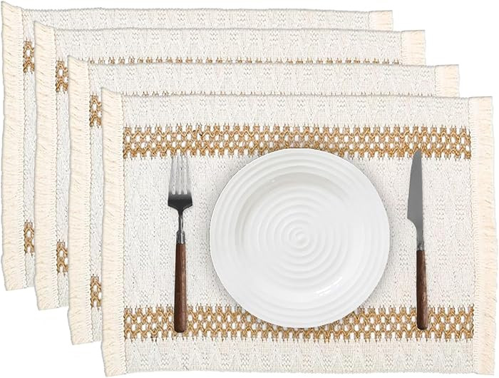 Boho Placemats Set of 4, 12x18 Inch Natural Cotton Burlap and Kitchen Woven Thanksgiving Placemat... | Amazon (US)