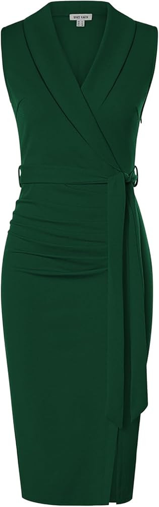 GRACE KARIN Women's Wear to Work Sleeveless Ruched Bodycon Office Pencil Midi Dresses with Belt | Amazon (US)