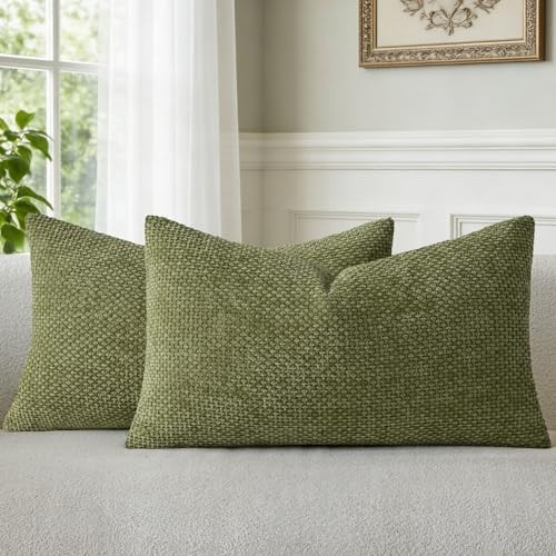 a moment Olive Green Chenille Throw Pillow Covers 12x20 Inch Pack of 2 Modern Decorative Throw Pi... | Amazon (US)