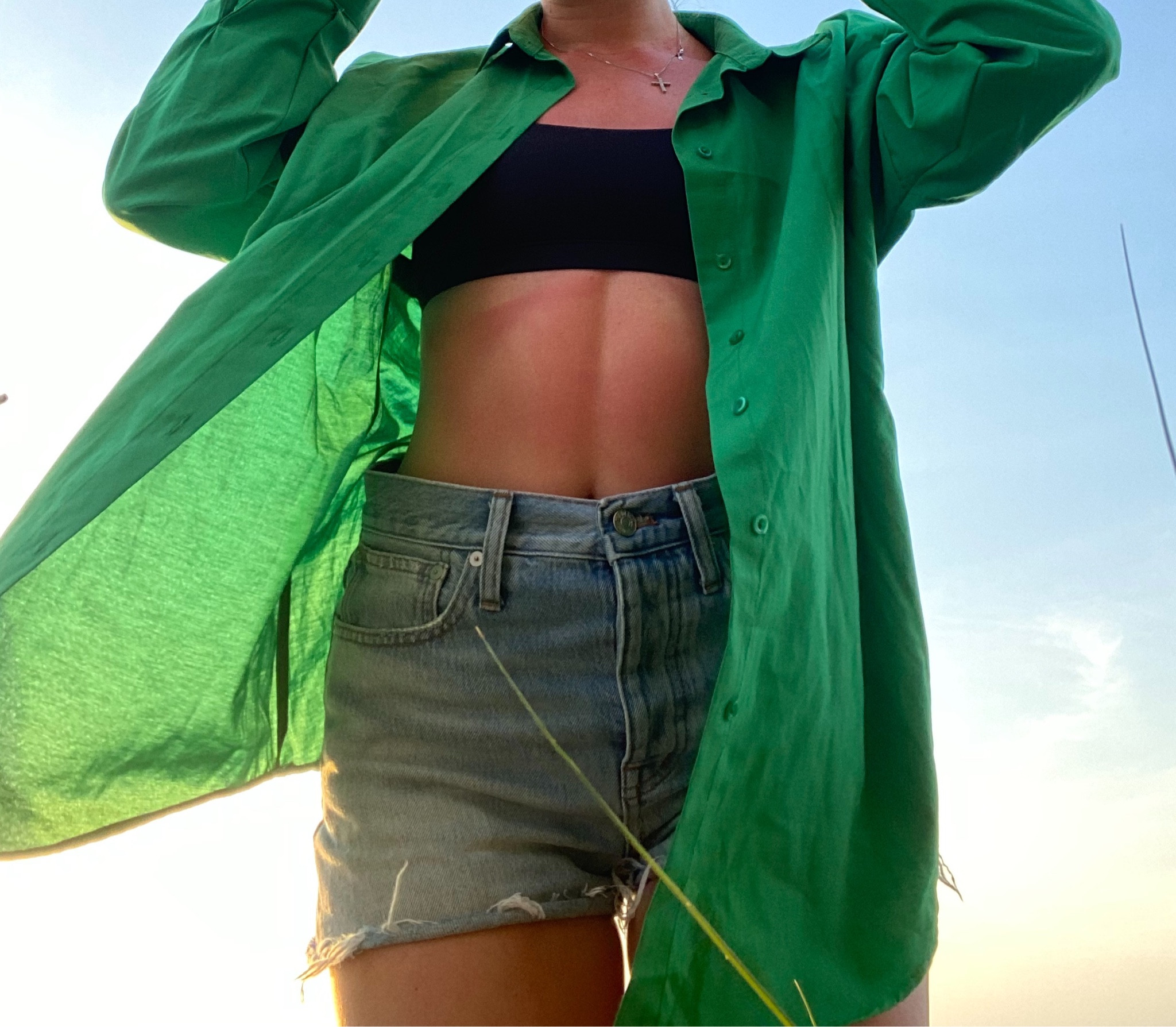 spring break outfit , button down outfit , Levi shorts , skims , skims bra outfit , summer outfit , vacation outfit , women's style, beach outfit , green outfit inspo , ootd , madewell shorts 

#LTKtravel #LTKSeasonal #LTKfit
