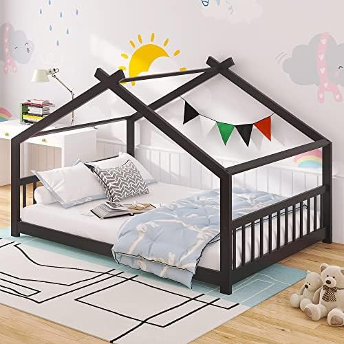 Merax, Espresso Full Size Wood House Bed with Roof, No Box Spring Needed | Amazon (US)