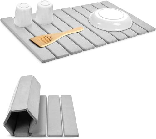 Large Stone Dish Drying Mats for Kitchen Counter, 24"(L)×16"(W), Quick Dry Collapsible Dish Mat, Eco-Friendly Absorbent Foldable Diatomaceous Earth Mats for Dishes Bottles, Match Any Countertop | Amazon (US)