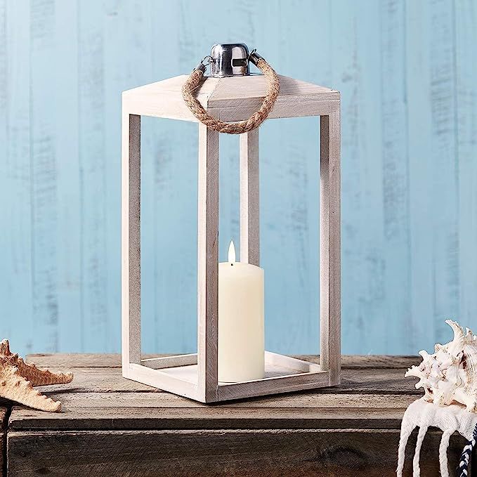 Lights4fun, Inc. Large White Wooden Battery Operated LED Flameless Candle Lantern with Rope Handl... | Amazon (US)