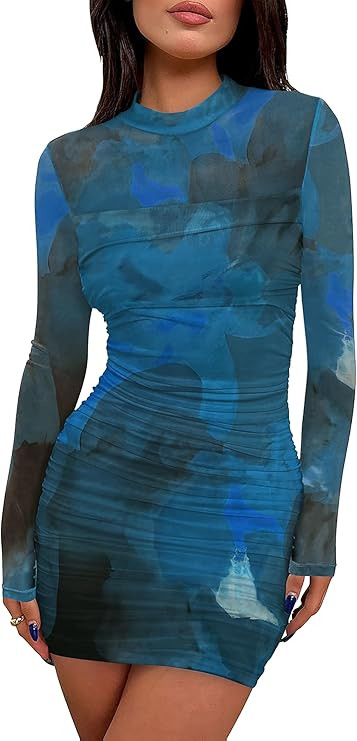 WIHOLL Women's Mesh Sheer Long Sleeve Ruched Mini Dress Sexy Bodycon Mock Neck Cocktail Party Clu... | Amazon (US)