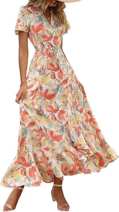 PRETTYGARDEN Women's Boho Floral Maxi Dress Summer Short Sleeve Wrap V Neck Long Flowy Beach Vaca... | Amazon (US)