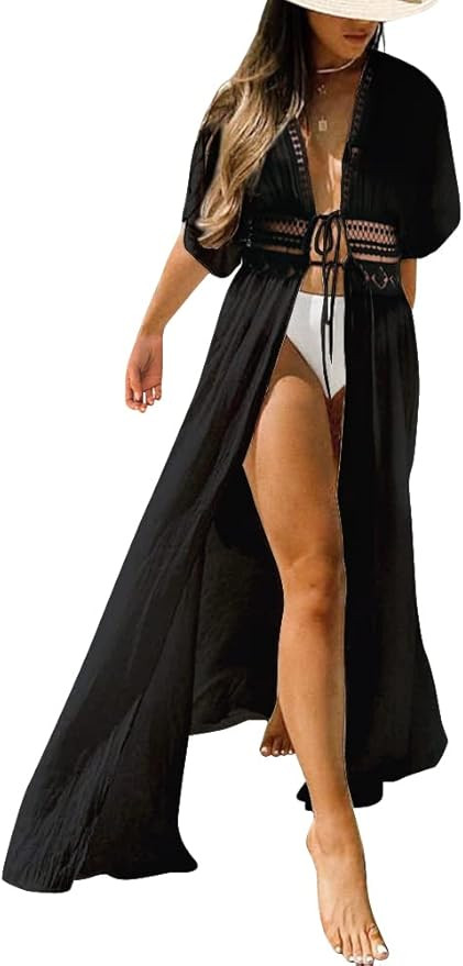 FANCYINN Womens Long Lace Cover up Sheer Bikini Coverups Kimono Tie Front Bathing Suit Swimsuit B... | Amazon (US)