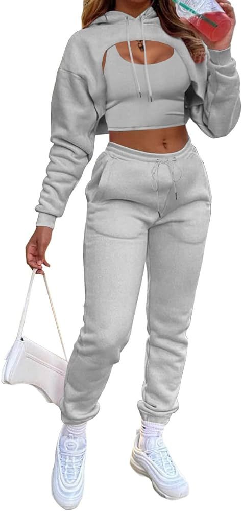 Women's Sexy 3 Piece Tracksuits - Long Sleeve Pullover Crop Top Hoodie +Tank Top+Drawstring Long ... | Amazon (US)