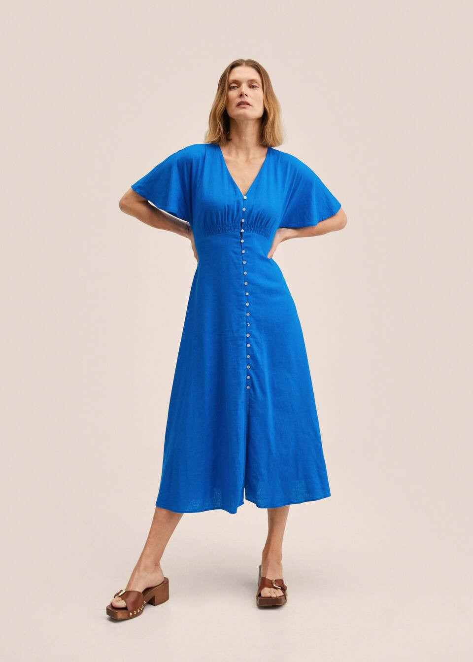 Buttoned linen-blend dress | MANGO (US)