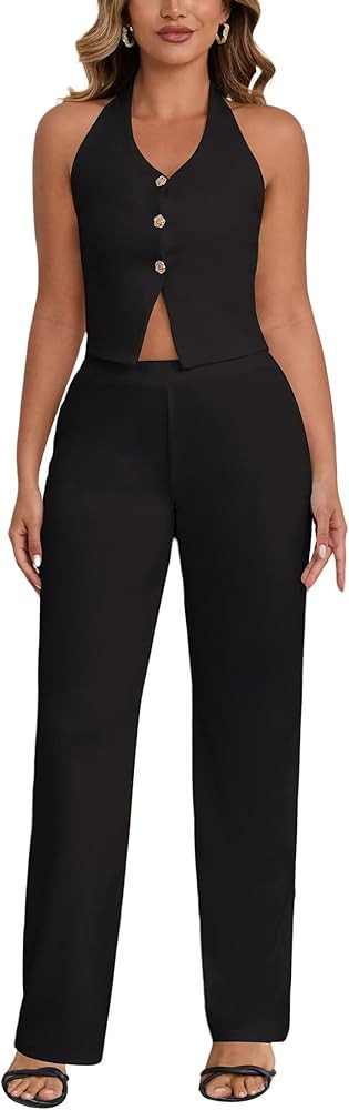 Two Piece Sets for Women Summer V Neck Button Down Sleeveless Halter Vest Tops Wide Leg Pants Sets Matching Sets | Amazon (US)