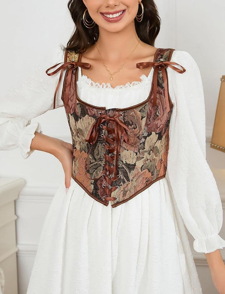 KOJOOIN Women's Vintage Floral Corset Lace-Up Fishbone Print Vest Renaissance pirate costume | Amazon (US)