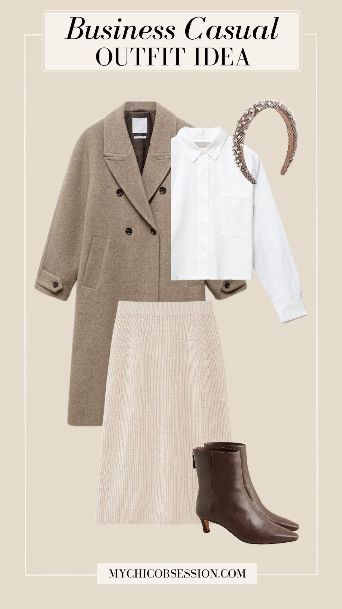 For a modest business casual fit, start with a knit midi skirt for a little more coverage. Add a white Oxford shirt, a structured overcoat, and a pearl embellished headband for a preppy finish. Ankle boots complete the style. 

#LTKworkwear #LTKSeasonal #LTKstyletip