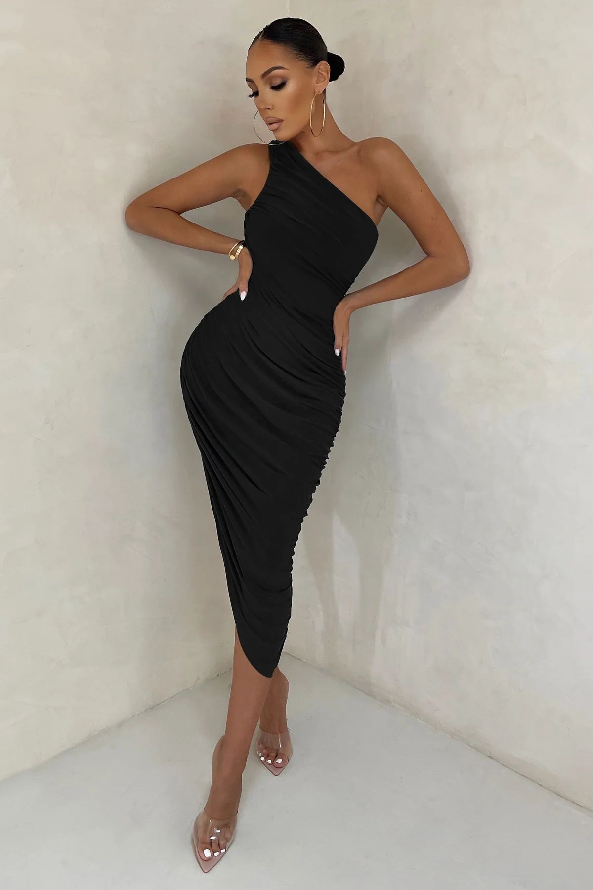 Late Night | Black Asymmetric One Shoulder Ruched Midi Dress | Club L London