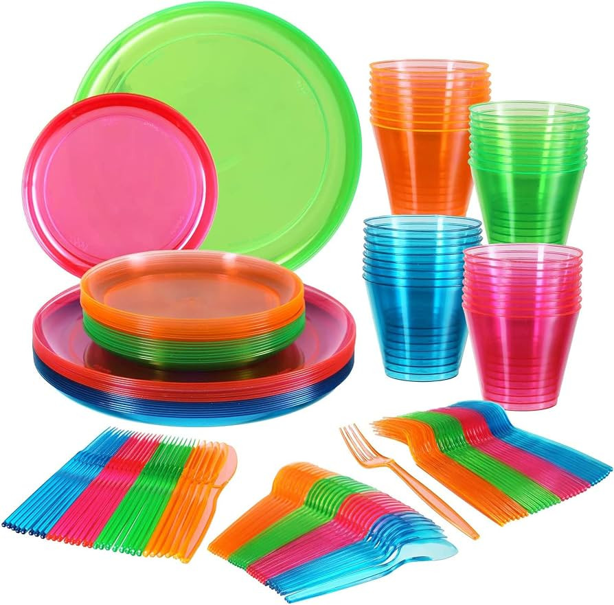 128 Piece Neon Party Supplies Set - Disposable & Heavy Duty,: 32 Main Course 9 inch Plate, 6 inch... | Amazon (US)