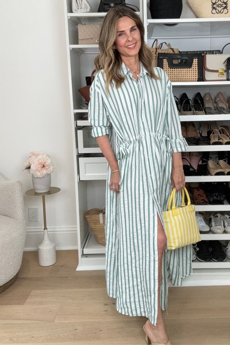 -Target dress.,wearing a S, need to size down to XS. This is a roomy, comfy dress! Love the searsucker fabric . Other colors available. 
-Striped mini tote and look for less heals 



#LTKfindsunder50 #LTKover40 #LTKxTarget