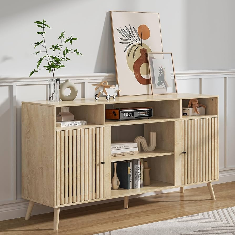 Mid Century Modern TV Stand, Fluted TV Stand for 65 Inch TV, Entertainment Center with Adjustable... | Amazon (US)