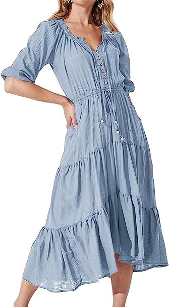 Eteviolet Womens Casual V Neck Boho Tiered Midi Dress Solid Color Short Sleeve Off Shoulder Flowy... | Amazon (US)
