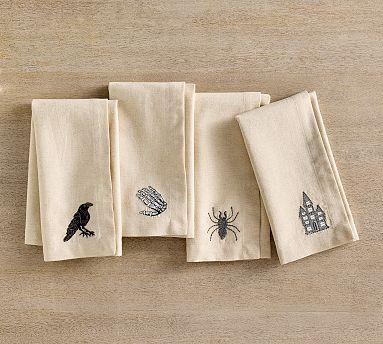 Halloween Icon Embroidered Cotton/Linen Napkins - Mixed Set of 4 | Pottery Barn (US)